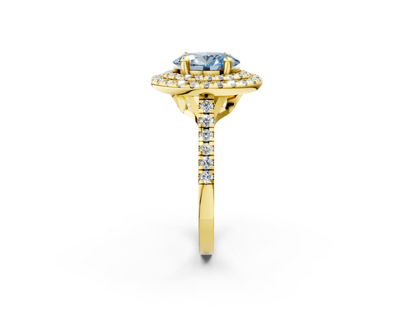 Yellow gold Double Halo Fancy Blue Oval Cut Diamond Pavé Band with Four-Prong Setting