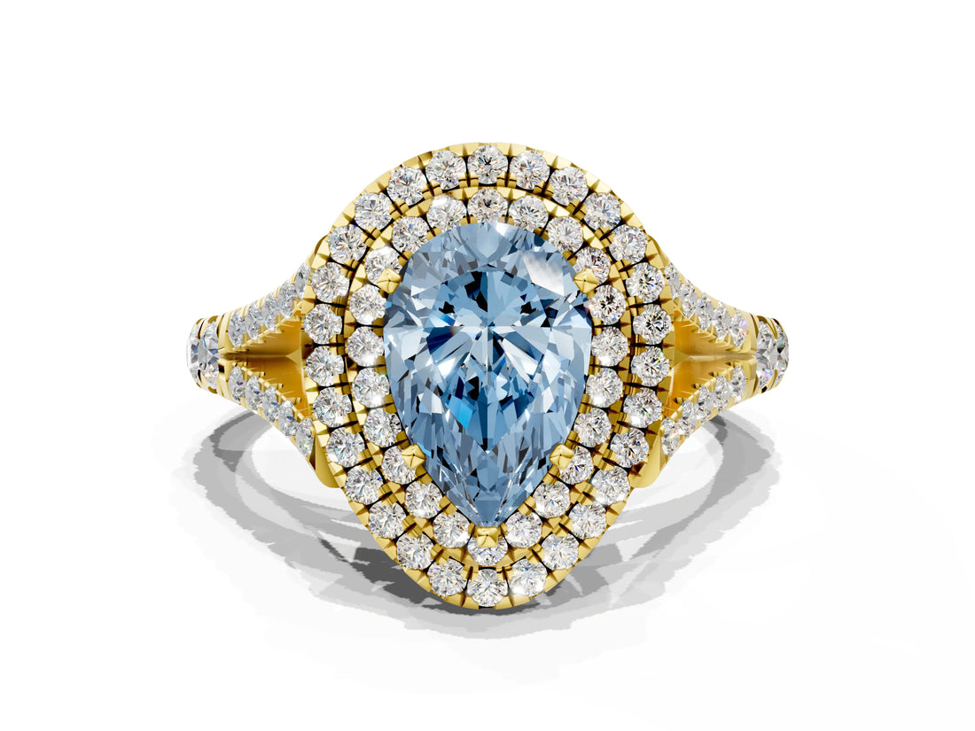 Yellow gold Double Halo Fancy Blue Pear Cut Diamond Split Shank Engagement Ring with Four-Prong Setting_3