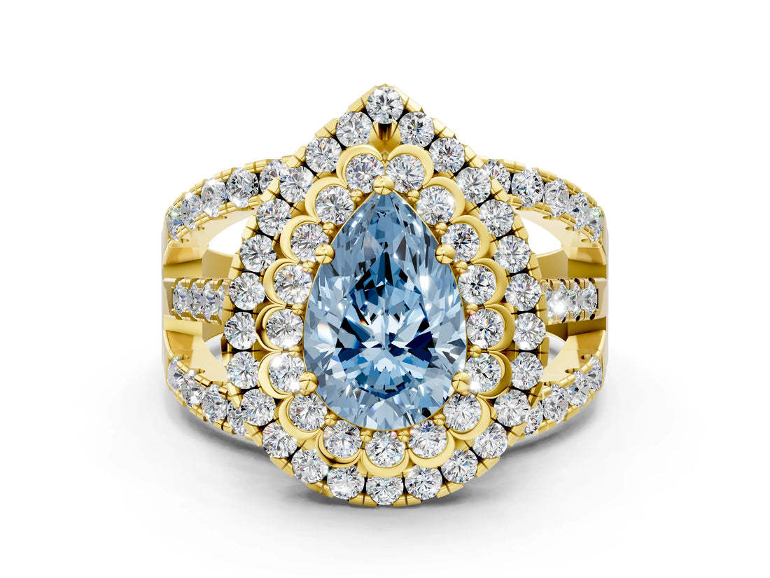 Yellow gold Double Halo Fancy Blue Pear Cut Diamond Split Shank Pave Set Ring_3