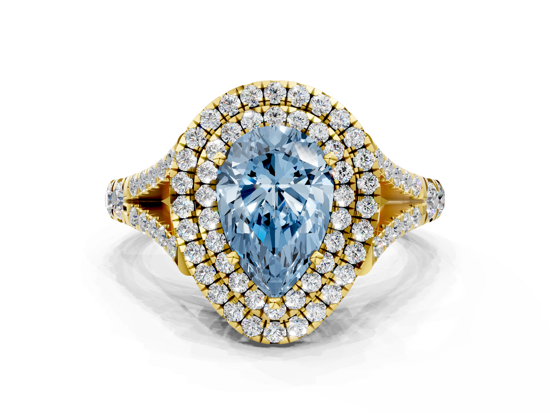 Yellow gold Double Halo Fancy Blue Pear  Cut Diamond Split Shank Ring with Four Prong Setting_20