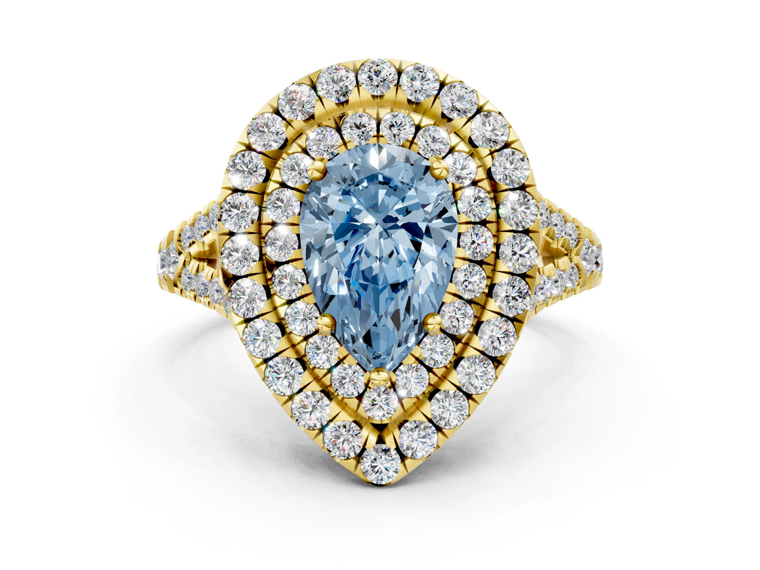 Yellow gold Double Halo Fancy Blue Pear  Cut Pave Split Shank Prong Set Ring_15