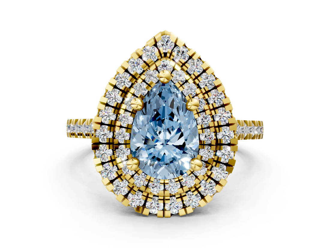 Yellow gold Double Halo Fancy Blue Pear  Diamond Pave Band with Four-Prong Setting_42