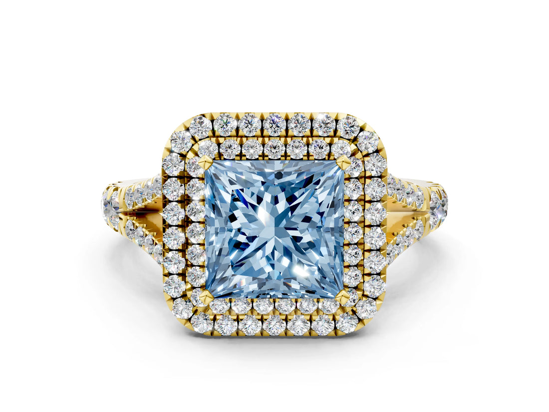 Yellow gold Double Halo Fancy Blue Princess -Shaped Split Shank Diamond Ring with Prong Setting_15
