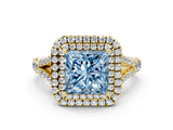 Yellow gold Double Halo Fancy Blue Princess -Shaped Split Shank Diamond Ring with Prong Setting_15