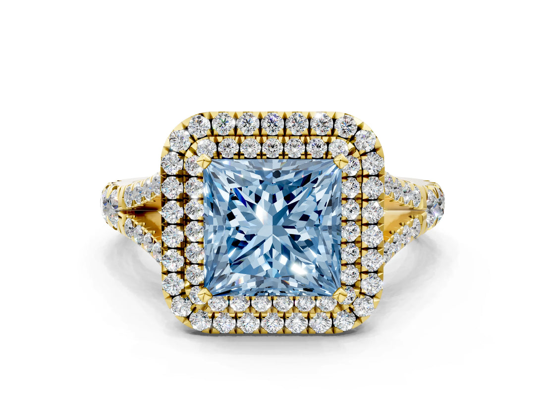 Yellow gold Double Halo Fancy Blue Princess Cut Diamond Split Shank Engagement Ring with Four-Prong Setting_3