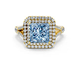 Yellow gold Double Halo Fancy Blue Princess Cut Diamond Split Shank Engagement Ring with Four-Prong Setting_3