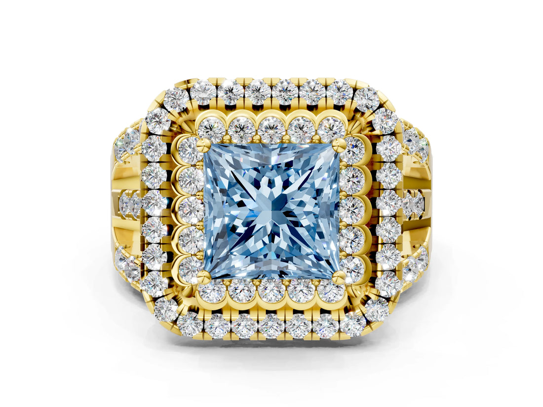 Yellow gold Double Halo Fancy Blue Princess Cut Diamond Split Shank Pave Set Ring_3