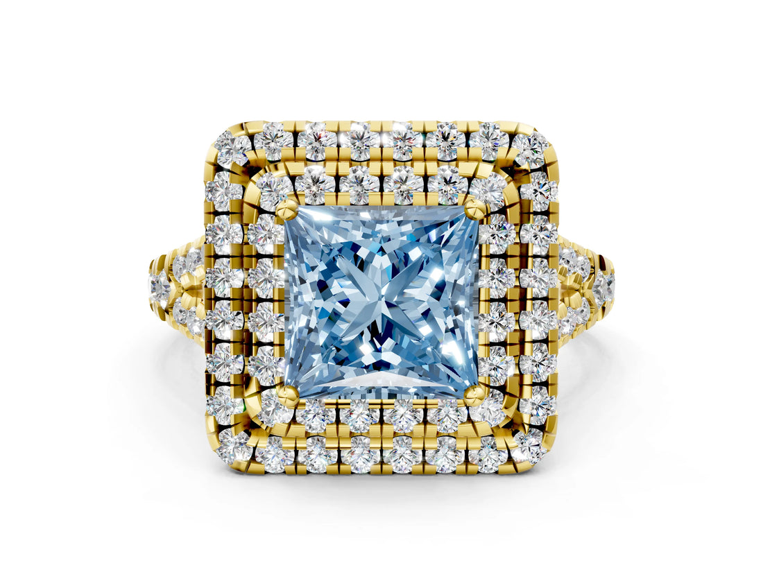 Yellow gold Double Halo Fancy Blue Princess  Cut Pave Split Shank Prong Set Ring_15