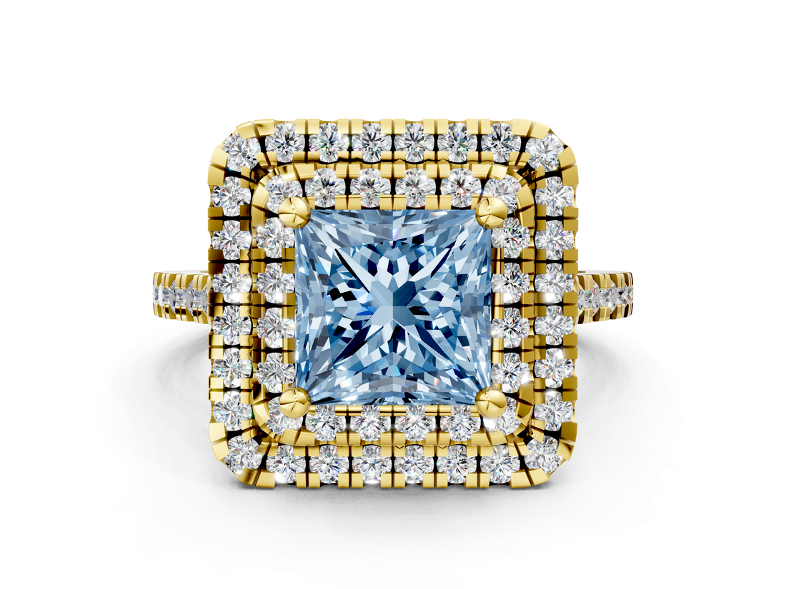 Yellow gold Double Halo Fancy Blue Princess  Diamond Pave Band with Four-Prong Setting_43