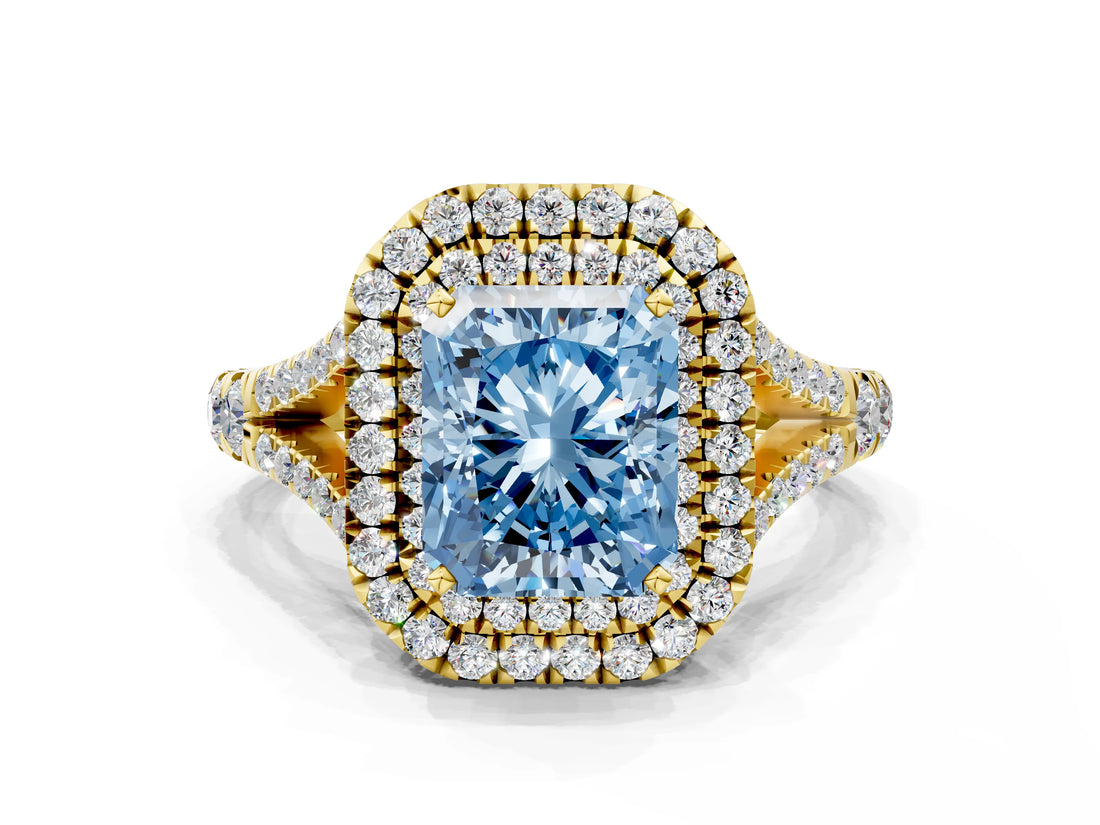 Yellow gold Double Halo Fancy Blue Radiant -Shaped Split Shank Diamond Ring with Prong Setting_15