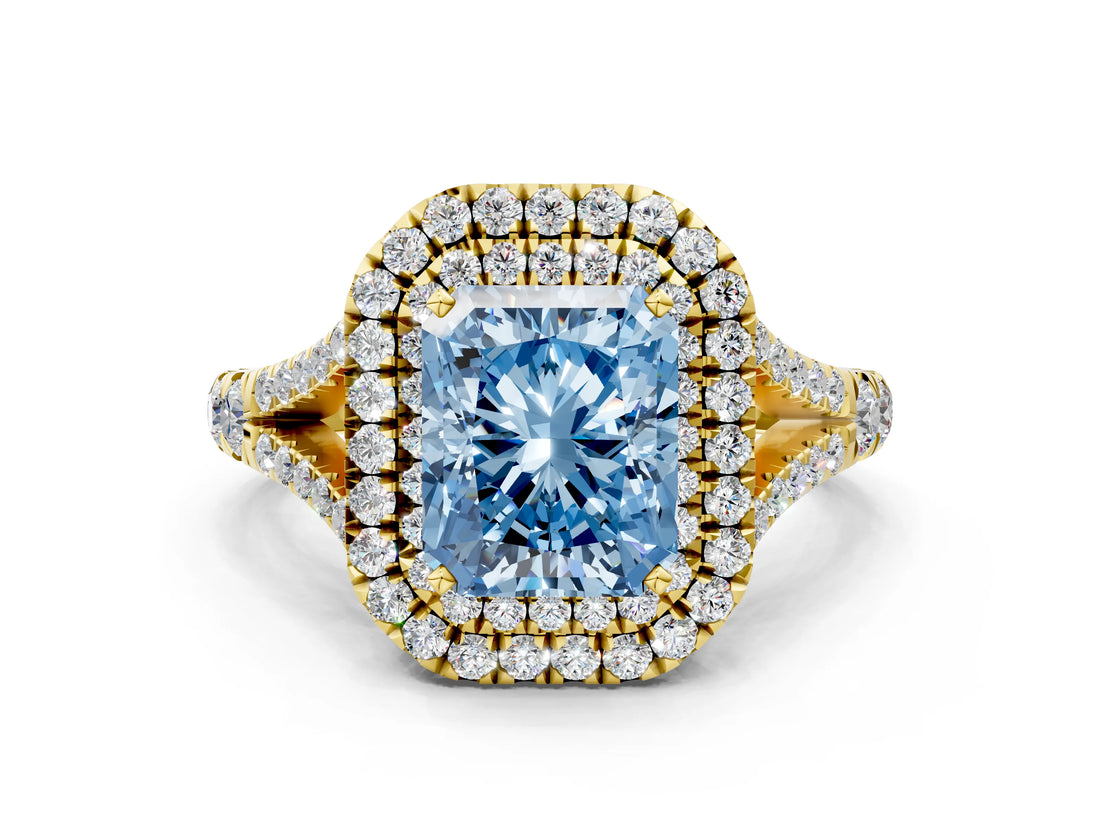 Yellow gold Double Halo Fancy Blue Radiant Cut Diamond Split Shank Engagement Ring with Four-Prong Setting_3