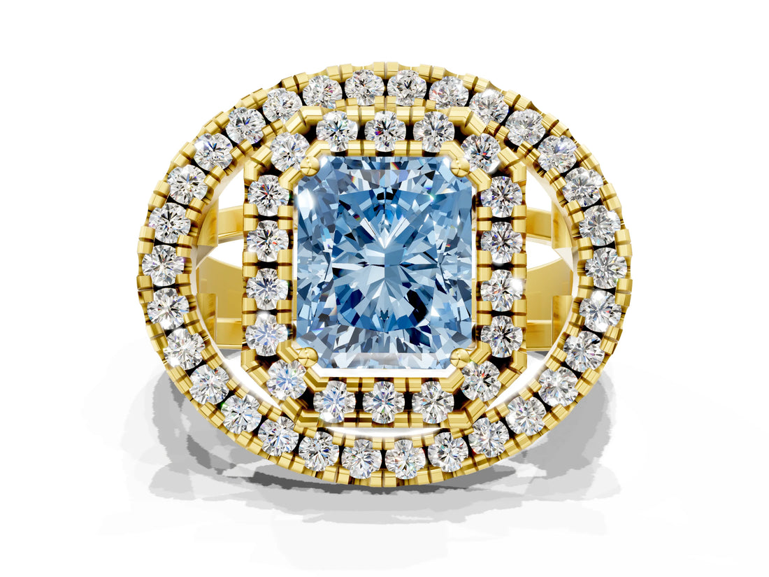 Yellow gold Double Halo Fancy Blue Radiant Cut Diamond Split Shank Prong Setting Ring