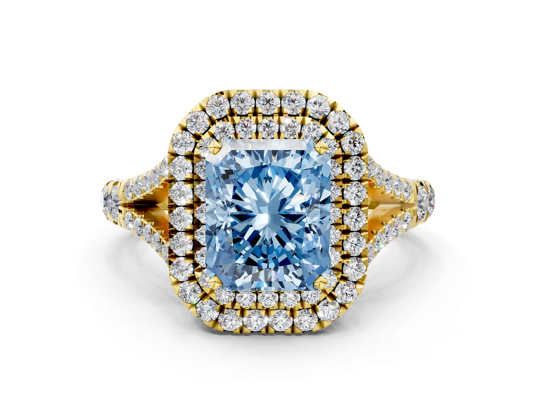 Yellow gold Double Halo Fancy Blue Radiant  Cut Diamond Split Shank Ring with Four Prong Setting_21