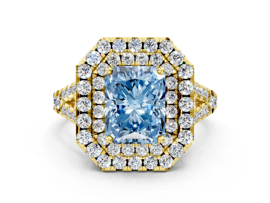 Yellow gold Double Halo Fancy Blue Radiant  Cut Pave Split Shank Prong Set Ring_15