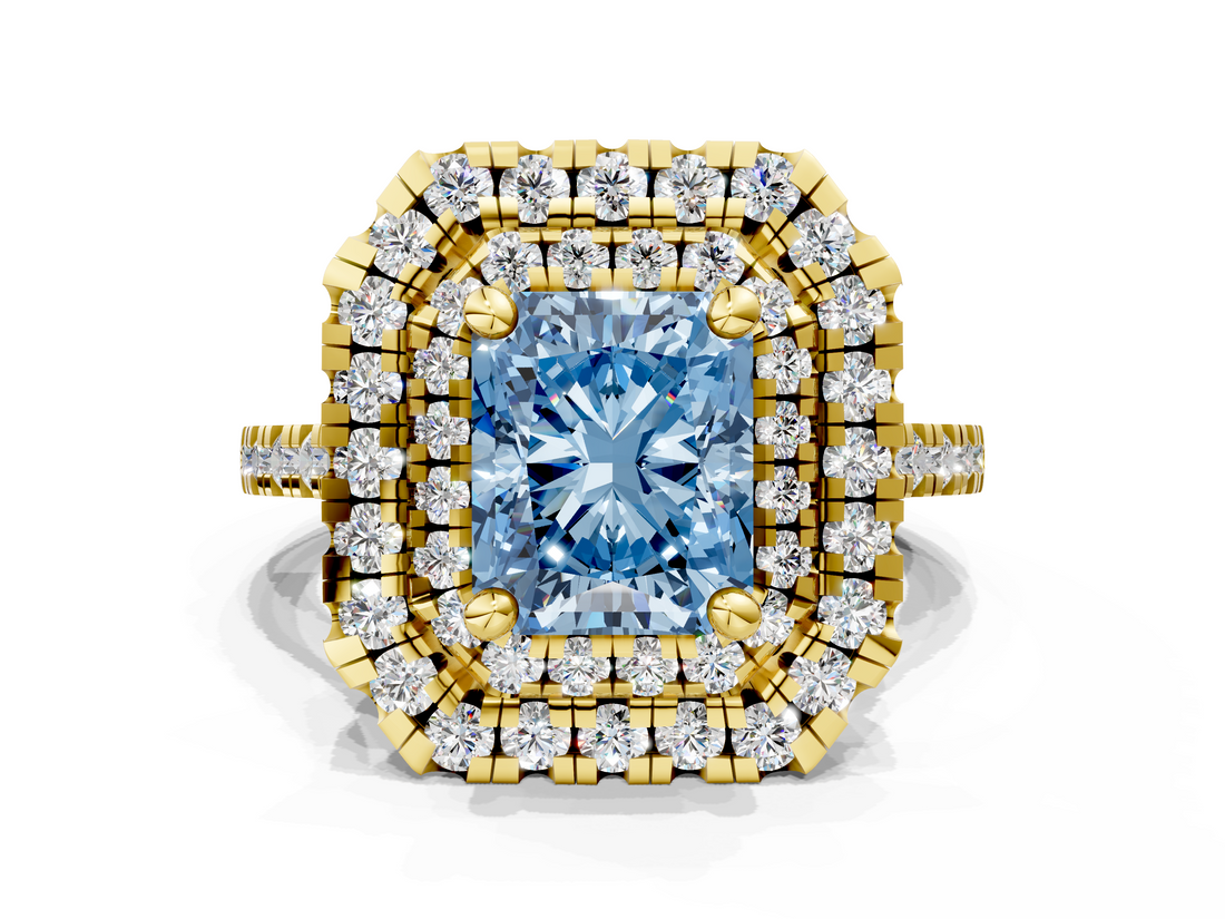 Yellow gold Double Halo Fancy Blue Radiant  Diamond Pave Band with Four-Prong Setting_41