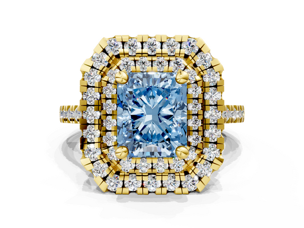 Yellow gold Double Halo Fancy Blue Radiant Cut Diamond Pavé Band with Four-Prong Setting