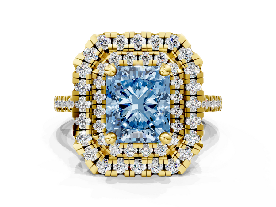 Yellow gold Double Halo Fancy Blue Radiant Cut Diamond Pavé Band with Four-Prong Setting