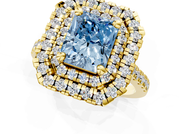 Yellow gold Double Halo Fancy Blue Radiant Cut Diamond Pavé Band with Four-Prong Setting