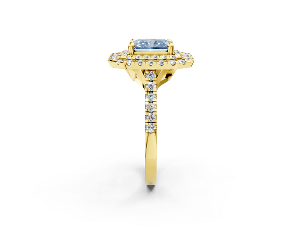 Yellow gold Double Halo Fancy Blue Radiant Cut Diamond Pavé Band with Four-Prong Setting