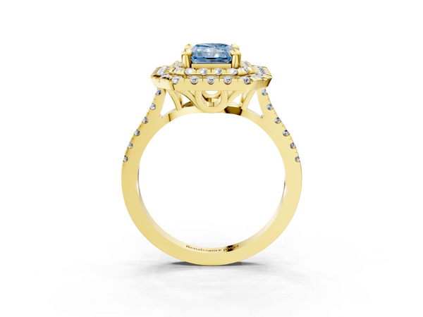 Yellow gold Double Halo Fancy Blue Radiant Cut Diamond Pavé Band with Four-Prong Setting