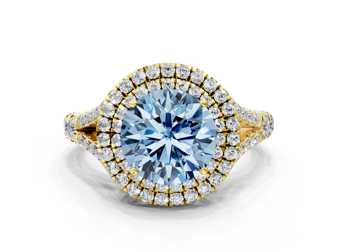 Yellow gold Double Halo Fancy Blue Round -Shaped Split Shank Diamond Ring with Prong Setting_15