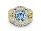 Yellow gold Double Halo Fancy Blue Round Cut Diamond Split Shank Pave Set Ring_3