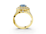 Yellow gold Double Halo Fancy Blue Round Cut Diamond Split Shank Pave Set Ring_6