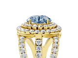Yellow gold Double Halo Fancy Blue Round Cut Diamond Split Shank Pave Set Ring_8