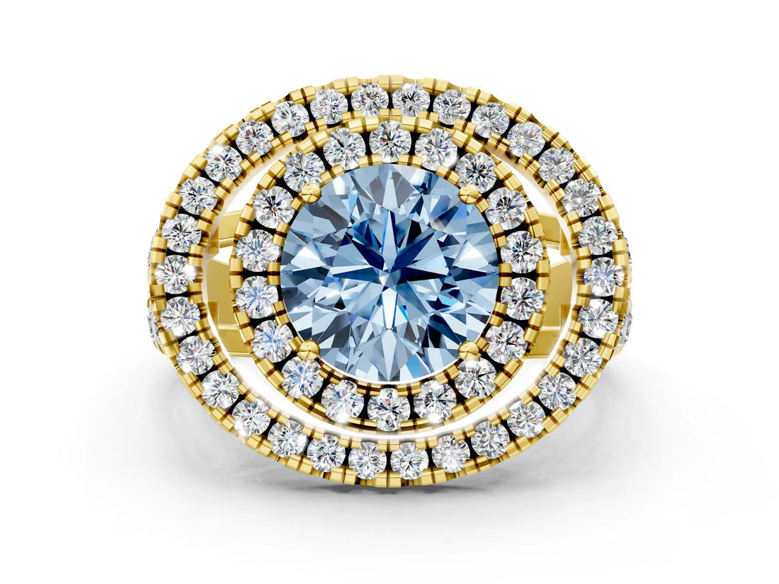 Yellow gold Double Halo Fancy Blue Round Cut Diamond Split Shank Prong Setting Ring