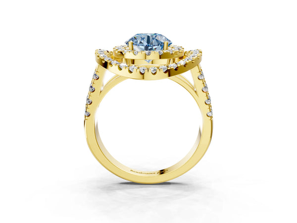 Yellow Gold Round Halo Engagement Ring Setting for Fancy Blue Center - Design RJ-762