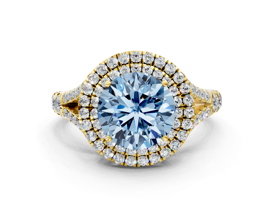 Yellow gold Double Halo Fancy Blue Round  Cut Diamond Split Shank Ring with Four Prong Setting_20