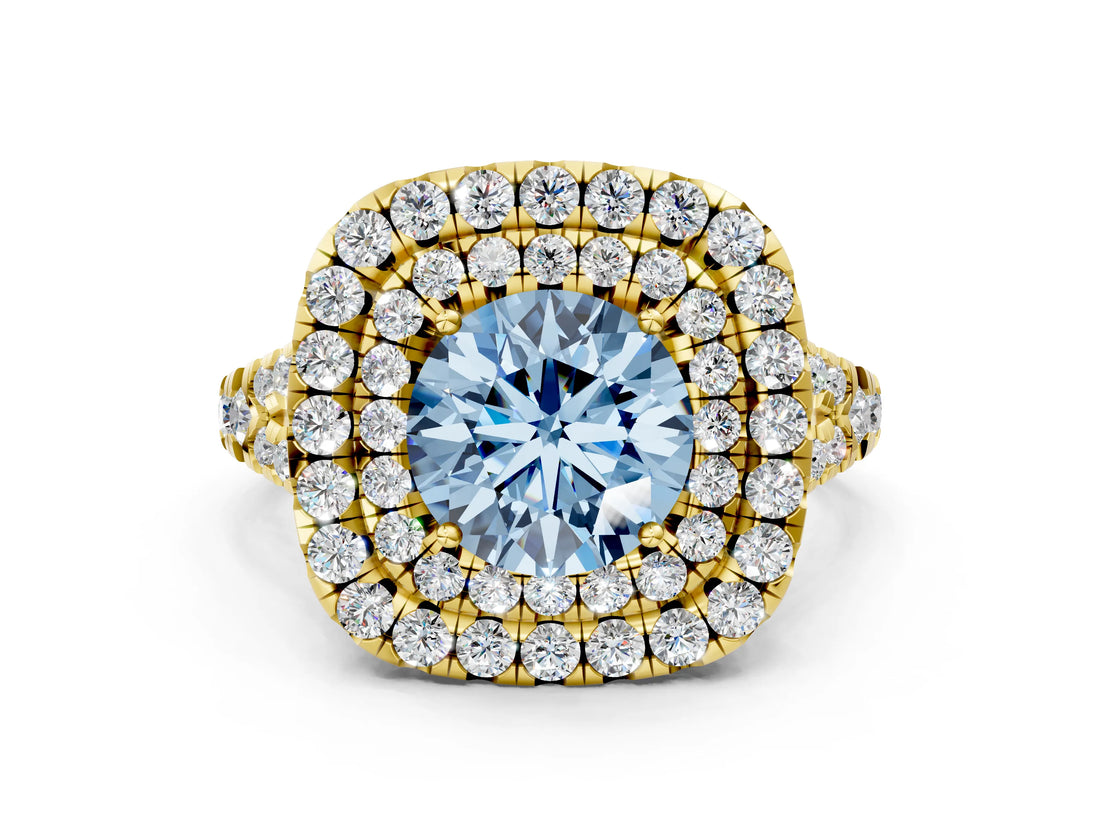Yellow gold Double Halo Fancy Blue Round  Cut Pave Split Shank Prong Set Ring_15