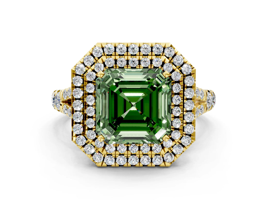 Yellow gold Double Halo Fancy Green Asscher -Shaped Split Shank Diamond Ring with Prong Setting_15