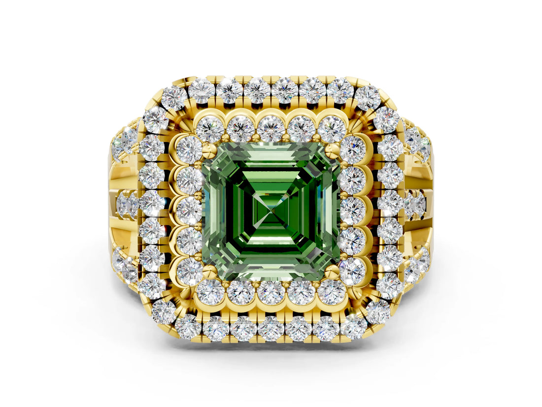Yellow gold Double Halo Fancy Green Asscher Cut Diamond Split Shank Pave Set Ring_3
