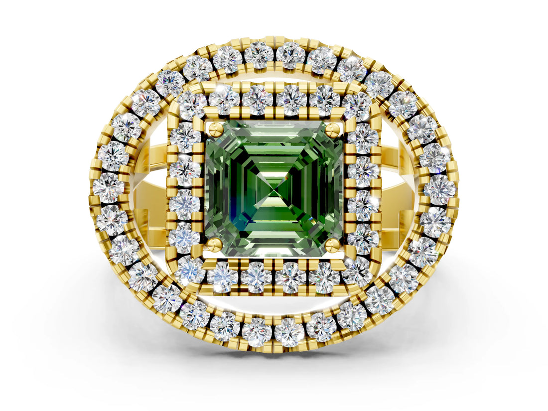 Yellow gold Double Halo Fancy Green Asscher Cut Diamond Split Shank Prong Setting Ring