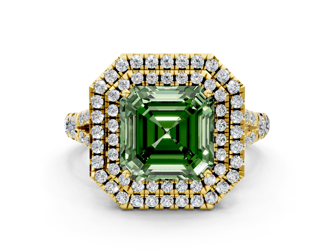 Yellow gold Double Halo Fancy Green Asscher  Cut Diamond Split Shank Ring with Four Prong Setting