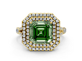 Yellow gold Double Halo Fancy Green Asscher  Cut Diamond Split Shank Ring with Four Prong Setting