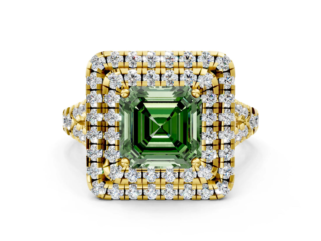 Yellow gold Double Halo Fancy Green Asscher  Cut Pave Split Shank Prong Set Ring_15