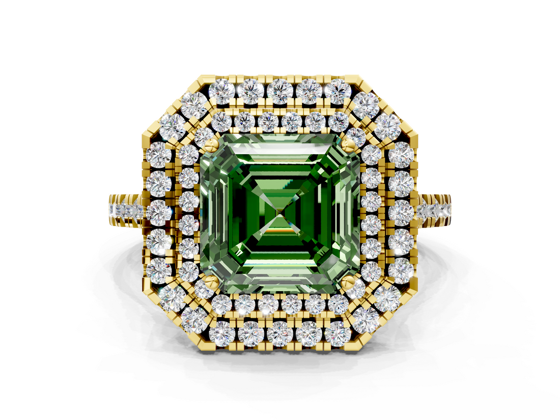 Yellow gold Double Halo Fancy Green Asscher  Diamond Pave Band with Four-Prong Setting