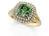 Yellow gold Double Halo Fancy Green Cushion -Shaped Split Shank Diamond Ring with Prong Setting_16