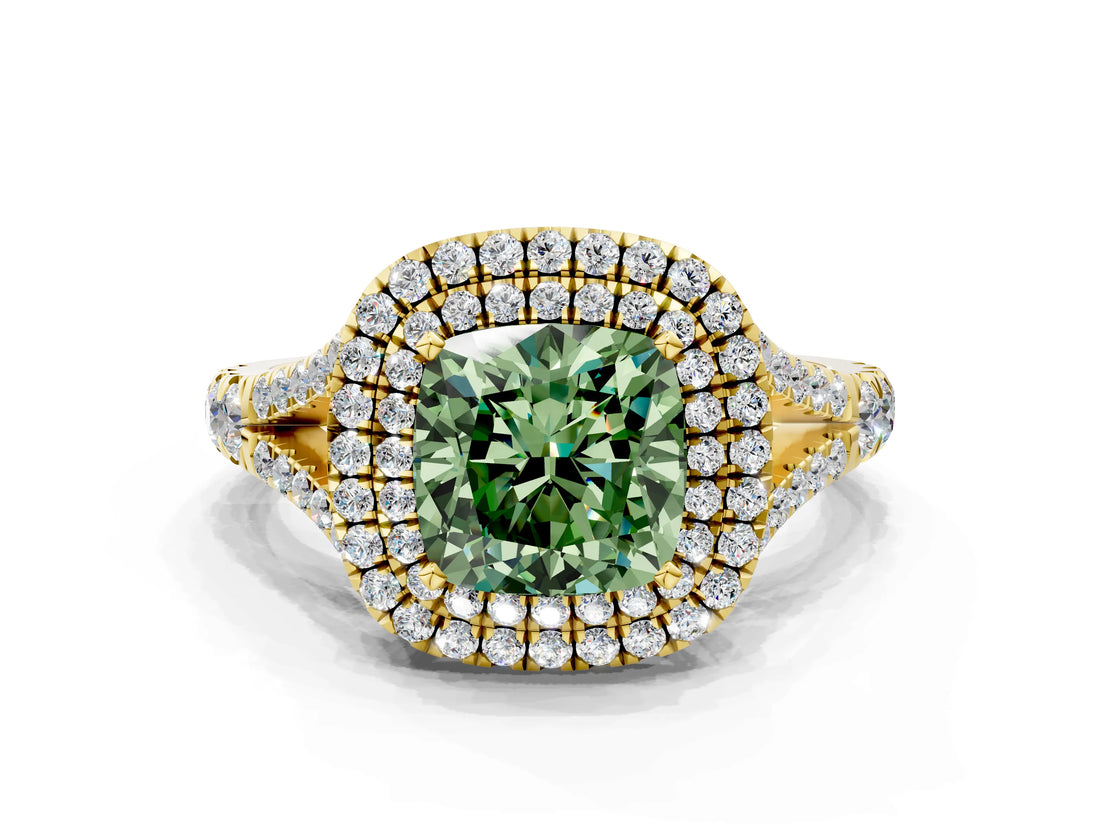 Yellow gold Double Halo Fancy Green Cushion Cut Diamond Split Shank Engagement Ring with Four-Prong Setting_3