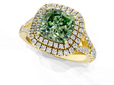 Yellow gold Double Halo Fancy Green Cushion Cut Diamond Split Shank Engagement Ring with Four-Prong Setting_4