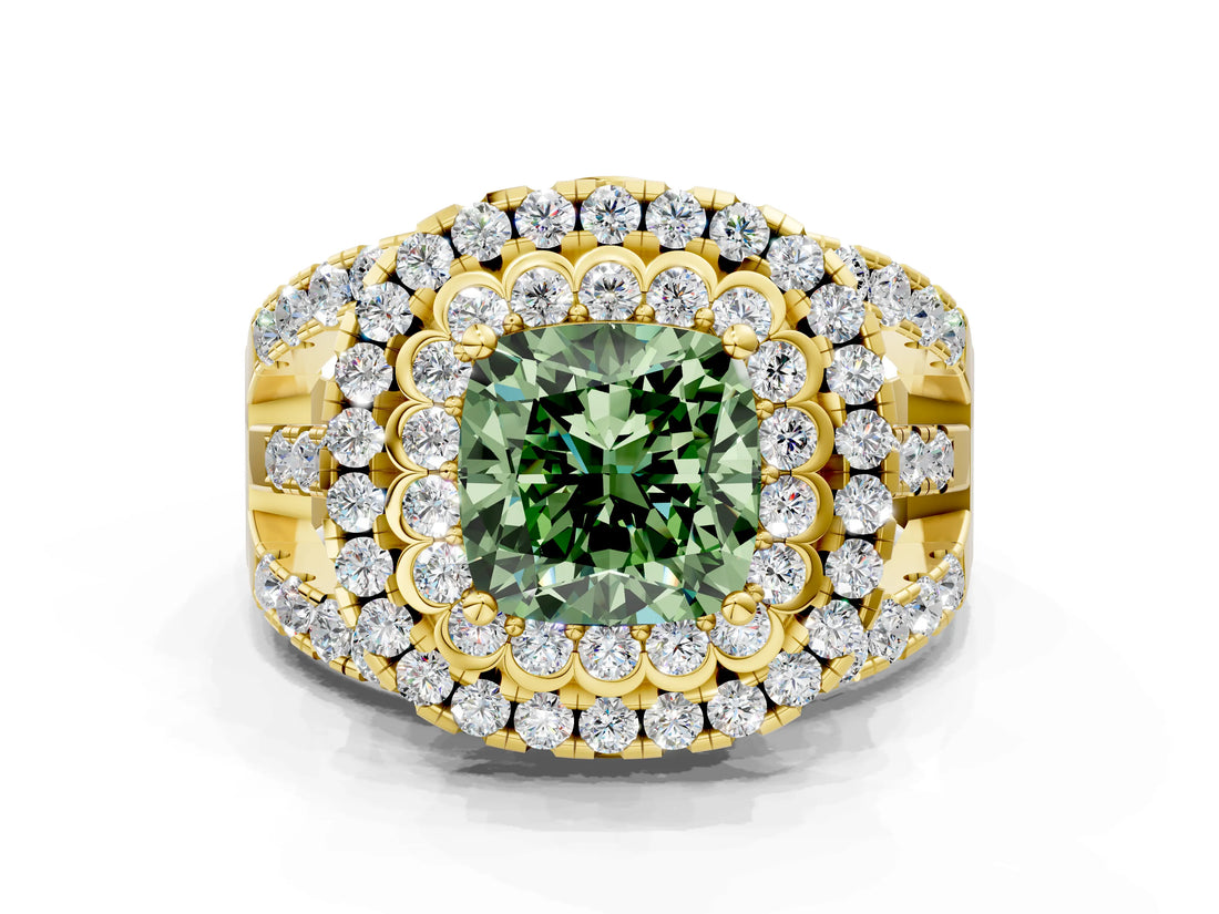 Yellow gold Double Halo Fancy Green Cushion Cut Diamond Split Shank Pave Set Ring_3