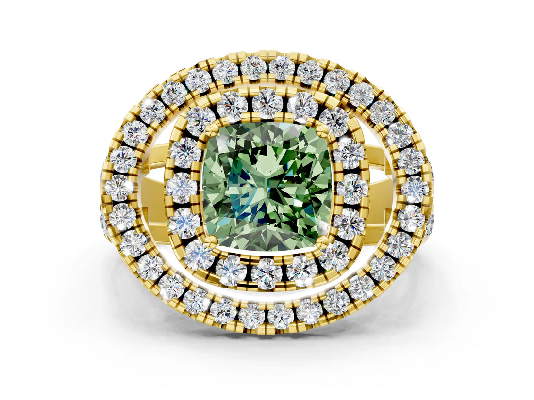 Yellow gold Double Halo Fancy Green Cushion Cut Diamond Split Shank Prong Setting Ring