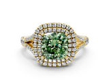 Yellow gold Double Halo Fancy Green Cushion  Cut Diamond Split Shank Ring with Four Prong Setting_3