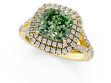Yellow gold Double Halo Fancy Green Cushion  Cut Diamond Split Shank Ring with Four Prong Setting_4