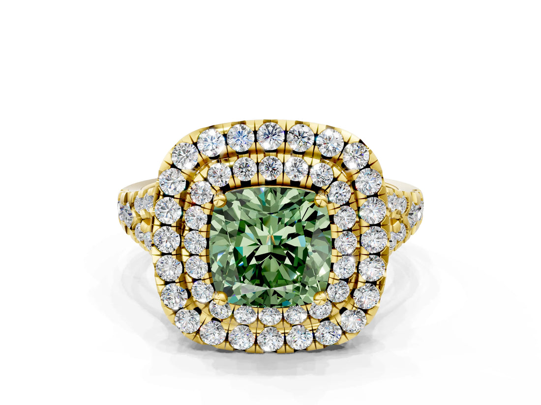 Yellow gold Double Halo Fancy Green Cushion  Cut Pave Split Shank Prong Set Ring_15