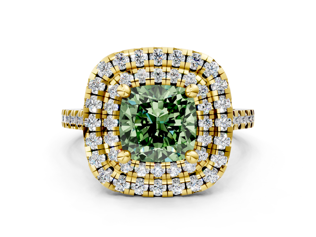 Yellow gold Double Halo Fancy Green Cushion  Diamond Pave Band with Four-Prong Setting_43
