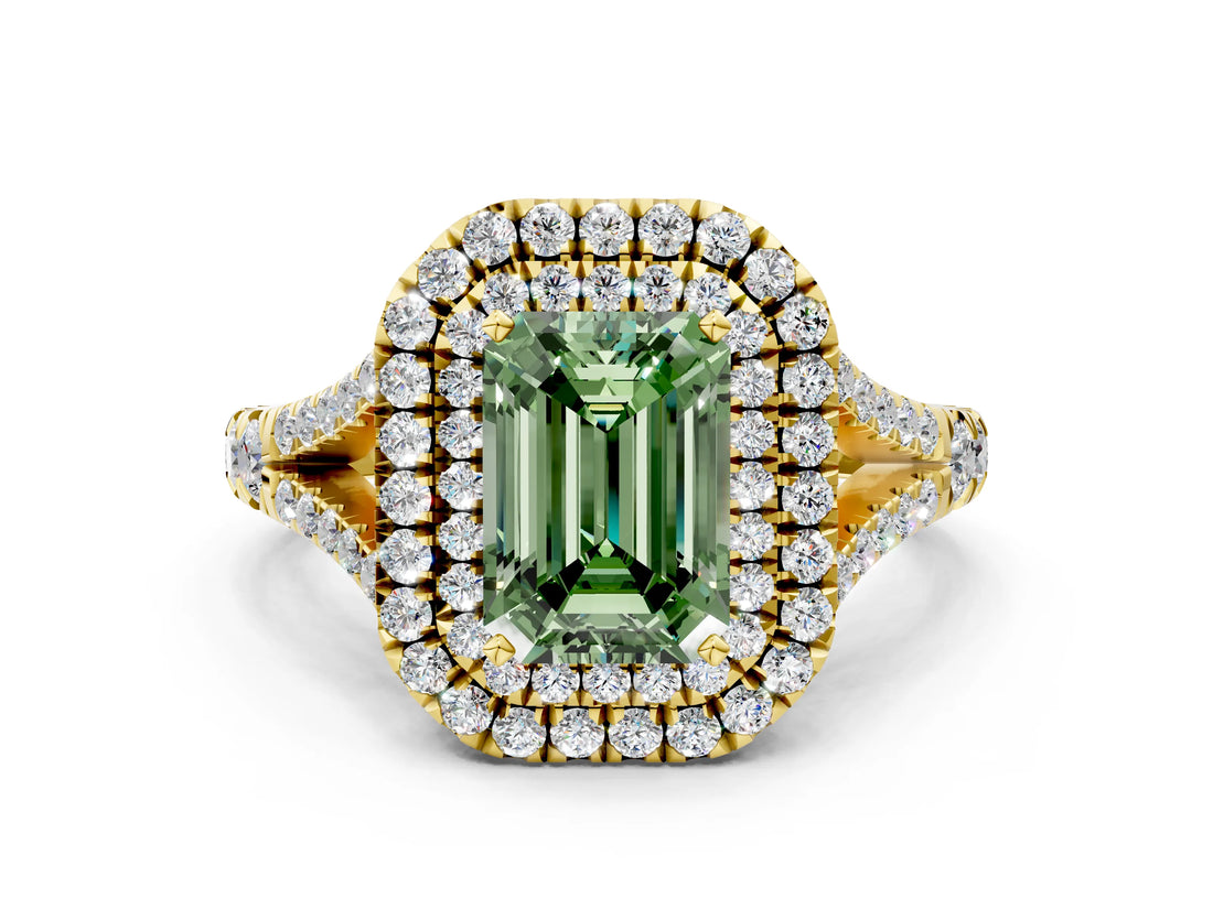 Yellow gold Double Halo Fancy Green Emerald Cut Diamond Split Shank Engagement Ring with Four-Prong Setting_3