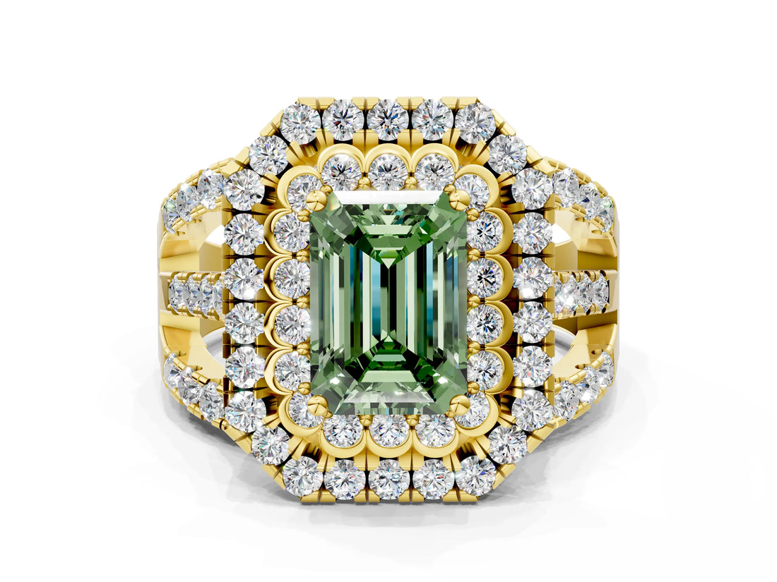 Yellow gold Double Halo Fancy Green Emerald Cut Diamond Split Shank Pave Set Ring_3